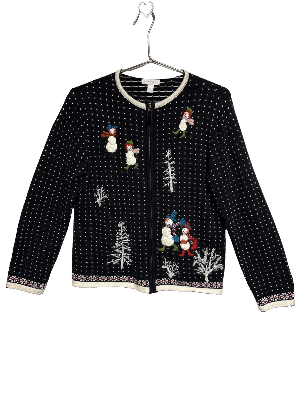Charter Club Women's Christmas Holiday Snowman Zip Cardigan Sweater - Size L